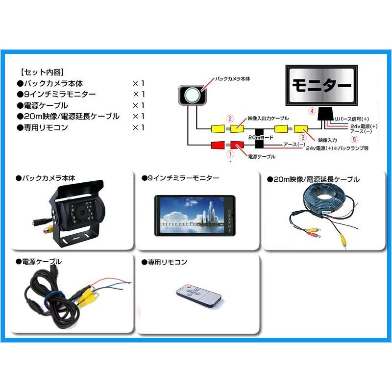 農業用トレーラー　バックカメラ　12V　ミラーモニター　後方確認　クボタ　9インチ　暗視機能付　ヤンマー　イセキ　コンバイン　赤外線LED　24V　除雪機　トラクター