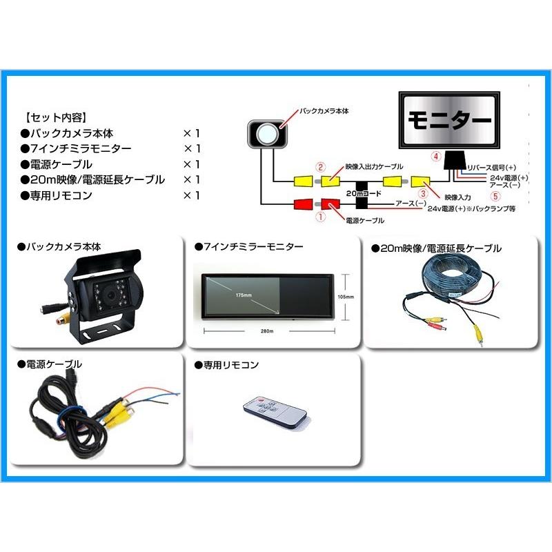 農作業用 バックカメラ 12V/24V + 7インチ ミラーモニター 赤外線LED/暗視機能 付 トラクター コンバイン 除雪機 畝立て機 施肥機 農業用トレーラー 等 後方確認｜profits-os｜02