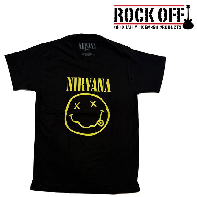ロックオフ Tシャツ 半袖 ニルヴァーナ スマイル 黒 ROCK OFF NIRVANA YELLOW HAPPY FACE ブラック イエロー プリントTシャツ | 
