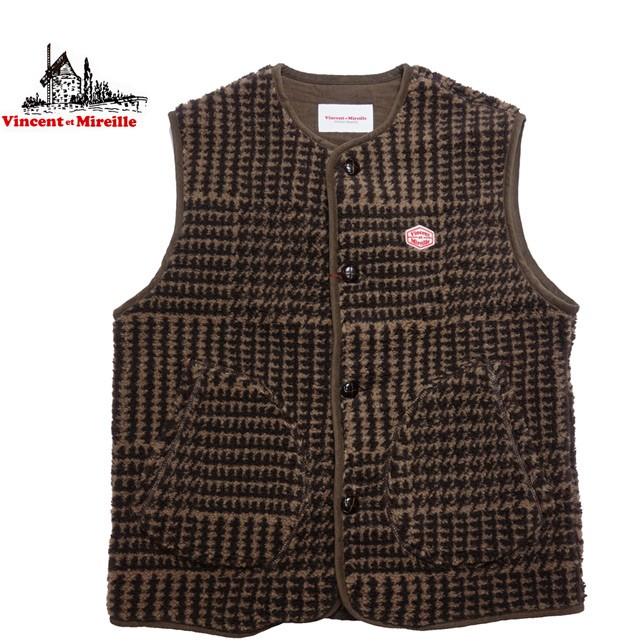 ヴァンソン エ ミレイユ VINCENT ET MIREILLE ボアベスト フリースベスト ボタン メンズ チェック柄 | 