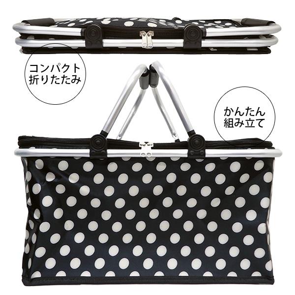 保冷 保温 エコバッグ 折りたたみ式 大容量 バスケット 買い物かご 水玉ブラック【03】 |  | 01