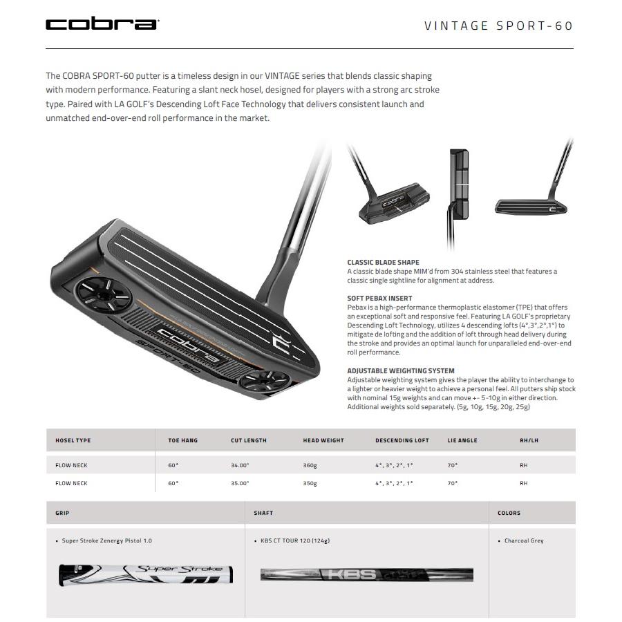 Cobra Golf 2024 Sport-60 Vintage Putter コブラゴルフ スポーツ 60 ビンテージ 30 パター COBRA（コブラ） Cobra Golf 2024 Sport-60 Vintage Putter コブラ