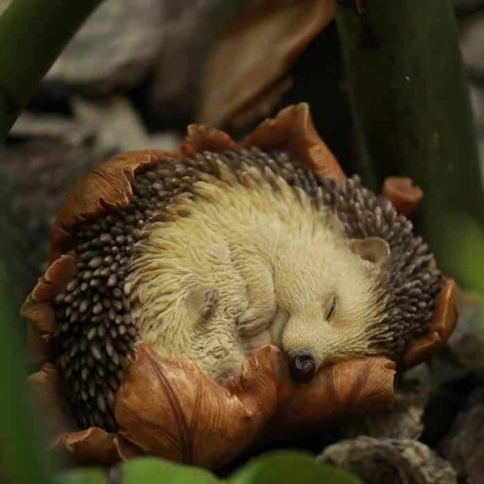 かわいい 置物 葉っぱに包まるハリネズミ 動物 おしゃれ 玄関 インテリア ガーデンオーナメント 庭 | 