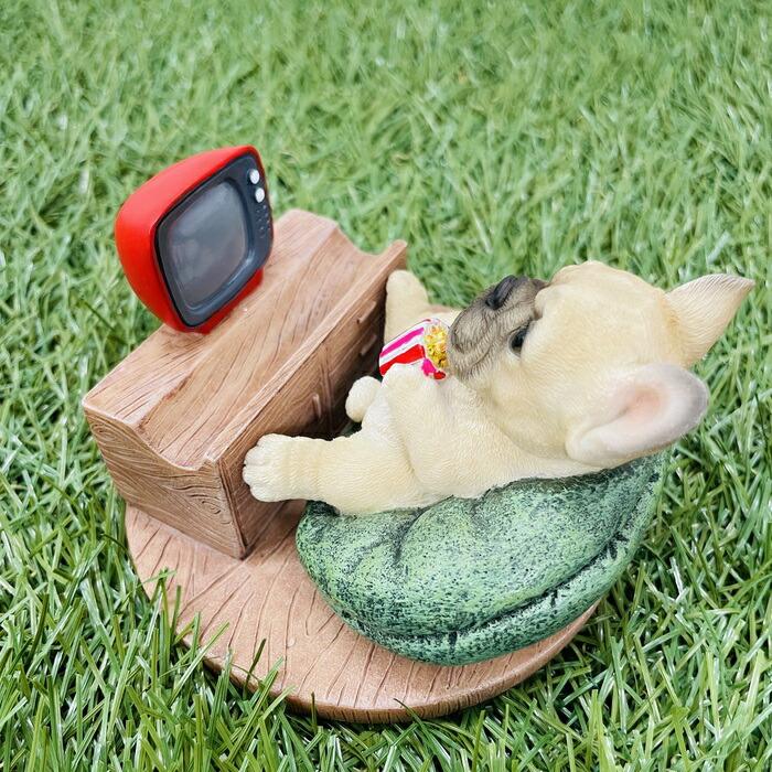 スマホスタンド テレビを見るフレンチブルドッグ 犬 卓上 アニマル プレゼントギフト かわいい置物 おしゃれ 動物 スマホホルダー | WOOBIA | 05