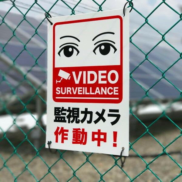 目が合う防犯用 監視カメラ作動中 看板 標識 35cm×25cm 四隅穴アケ 結束バンド付き 太陽光発電 |  | 02