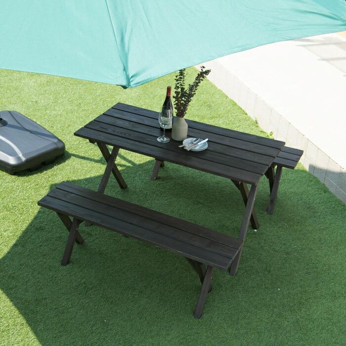 木製ガーデンテーブルセット ダークブラウン パラソル用穴付き