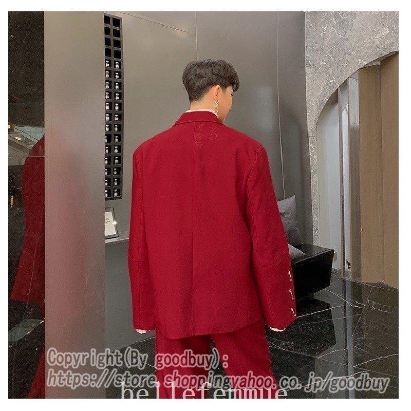 合馬　フェラガモ　スーツ　上下セット　赤 メンズジャケットスーツセットアップメンズ韓国プライベート奇抜