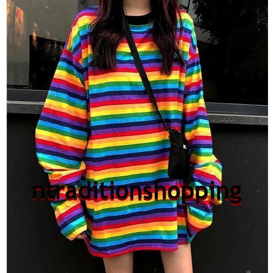 レインボーボーダー長袖Tシャツ☆Tシャツ ス ボーダー レインボー