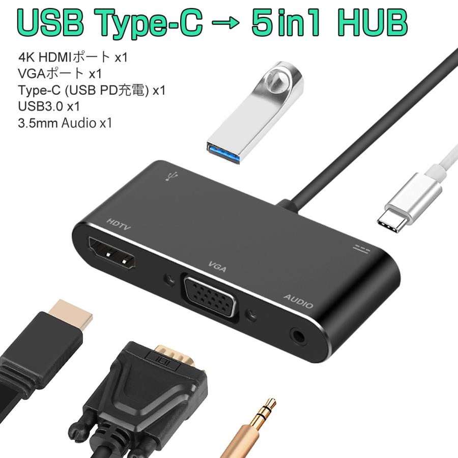 USB Type-C ハブ 5in1 4K USB3.0 ミラーリング HDMI VGA 個別の