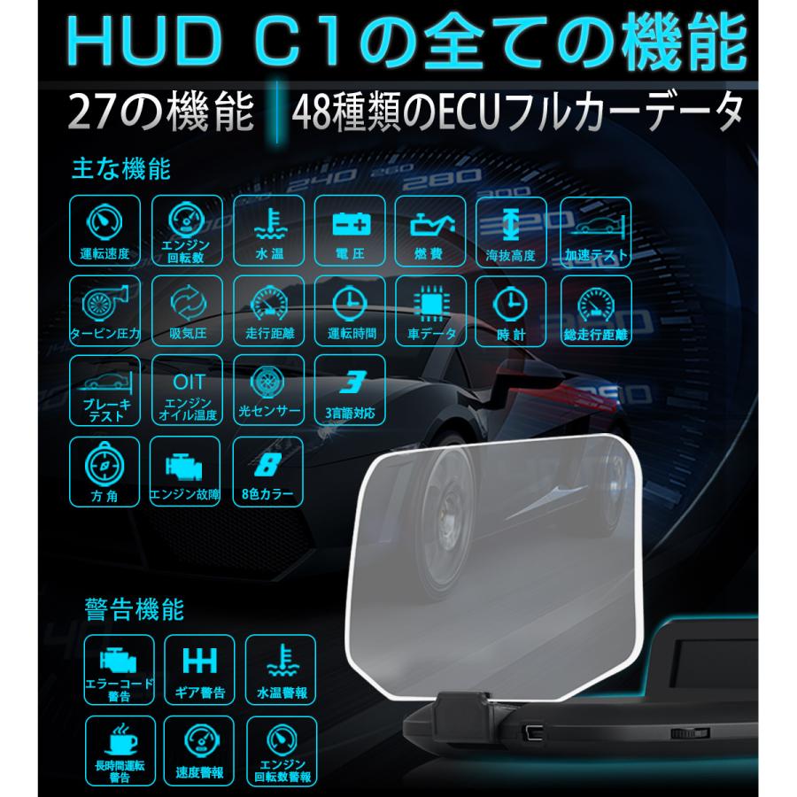 ヘッドアップディスプレイ HUD C1 OBD2+GPS 速度計 車 27の機能+48種類のフルカーデータ 大画面 二重表示防止 多彩表示 6ヶ月保証｜prostation｜03