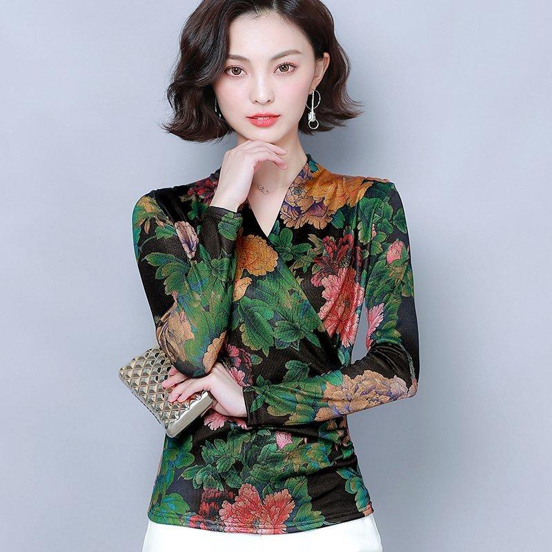 Vネックインナー長袖レディーストップスカットソータイトプリント花柄上品ファッションスリムフィット女性用お出かけセクシー