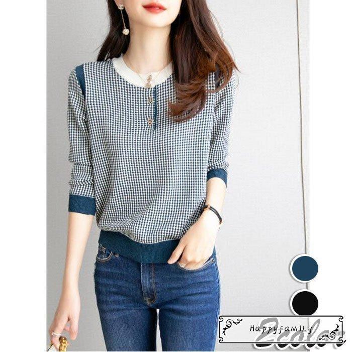 ニットトップス レディース 40代 春秋 長袖トップス 上品Tシャツ チェック柄ニットTシャツ ニットソー 大人 オシャレ通勤 ゆったりTシャツ 着痩