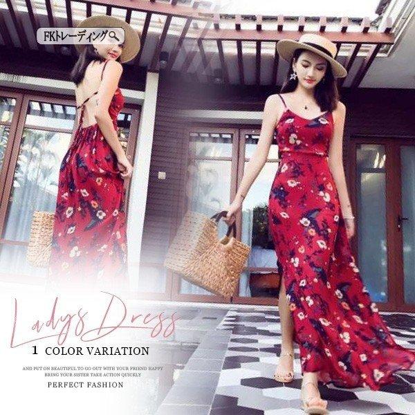 夏キャミワンピ ロング マキシ丈 リゾート シフォン 花柄 赤 バック