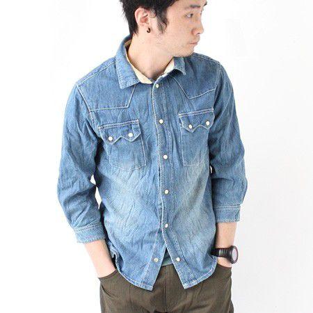 七分 七分袖 シャツ Pgeek デニム絞り シワ加工 七分デニムシャツ/メンズ ベーシック ヴィンテージ | protocol