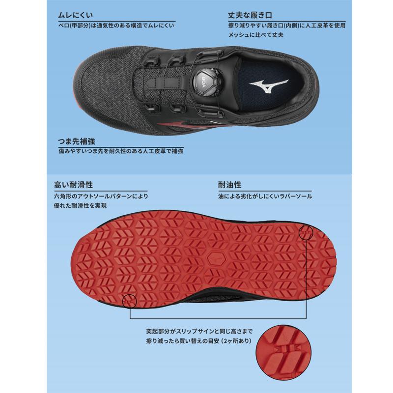 【新品】Mizuno オールマイティ　ボアシステム安全靴 ブラック/レッド オールマイティ ミズノ 安全靴 オールマイティLS2 52L BOA