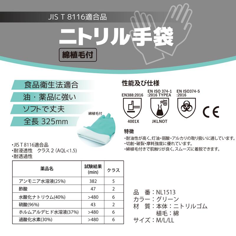 ニトリルゴム手袋 NL1513 JIS T8116適合 10双セット 裏毛付 食品衛生法