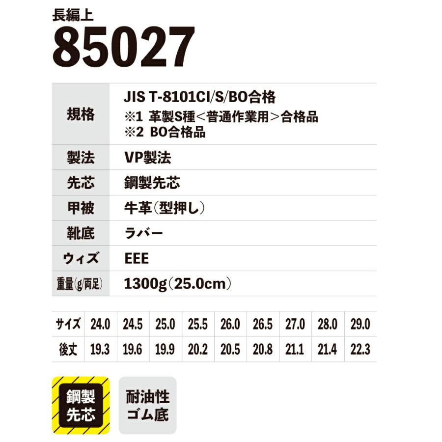 長編上（ロング丈ワークブーツ） 85027 JIST-8101適合品 安全靴 天然