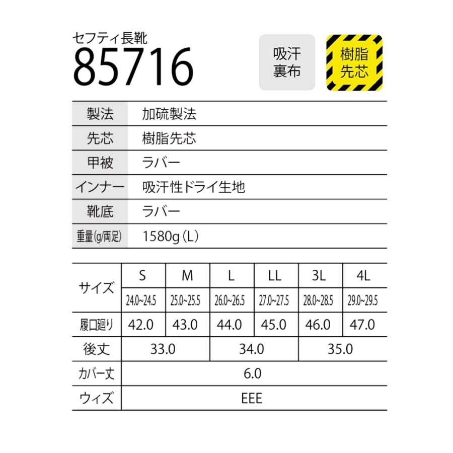 安全長靴 85716 樹脂先芯 吸汗 軽量 安全性 作業靴 作業長靴 : 特殊