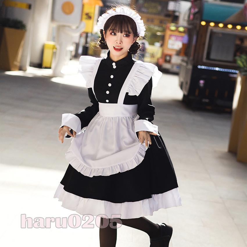 数量は多 メイド服 黒白 ワンピース ロリータ コスプレ レディース 喫茶店変装 メイド エプロン パーティー衣装 髪飾り付き フリル クラシカル  制服 長袖 膝丈 メイド服