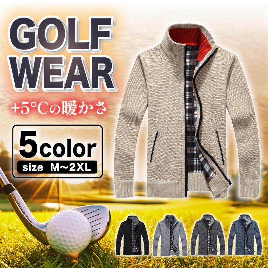 ゴルフジャケット メンズ ゴルフウエア カーディガン ニットセーター 秋冬 冬服 立ち襟 厚手 裹起毛 ボア チェック柄 ニット アウター セーター 春 | ブランド登録なし