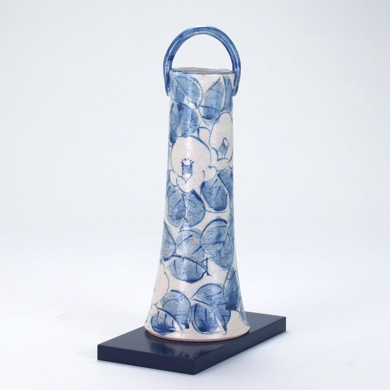 九谷焼 花台付 手付寸胴 8号 染付椿文 8.3×25cm 紙箱inn163-09<ギフト 