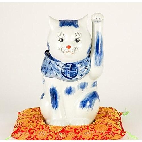九谷焼 10号招猫 招き猫 染付<インテリア 縁起物 風水 お祝い