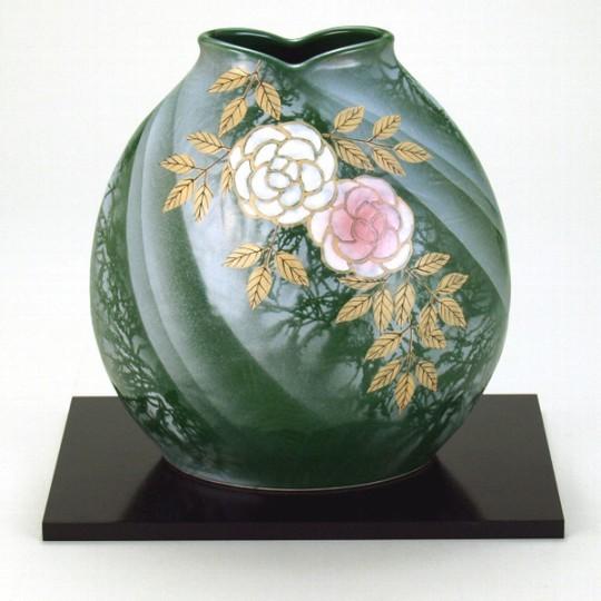 九谷焼 木台付 花立て 7号 野薔薇 大きさ：横20.5×縦15.5×高21珊 花瓶、花台-花、ガーデニング-花瓶、花器