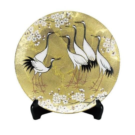 九谷焼 飾皿 10号 金箔彩鶴桜 31×3.5珊 桐箱 工芸品、民芸品-楽器、手芸、コレクション