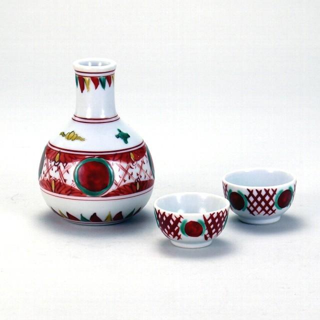 九谷焼 晩酌揃 赤絵玉文 340竓 かざり付ける箱 キッチン、日用品、文具-その他日本酒器-食器、グラス、カトラリー
