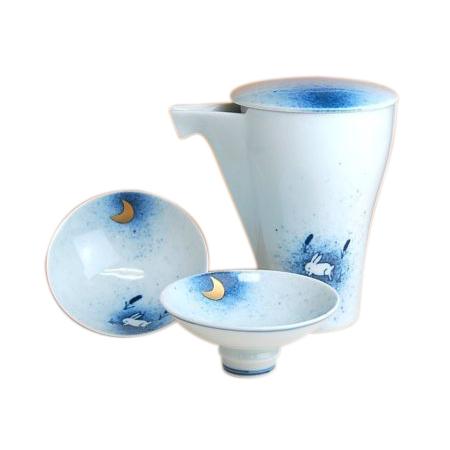 有田焼 月とうさぎ 半酒器 徳利1・盃2 120019 大きさ：12×8.5×13珊 静電容量：270ml コップ、グラス、酒器-その他日本酒器-キッチン、日用品、文具