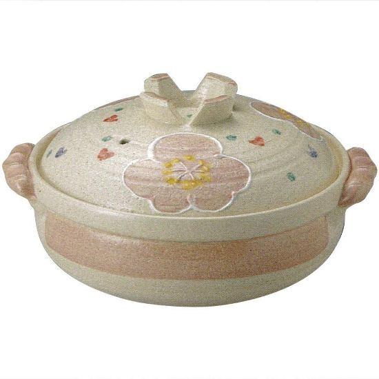 萬古焼 13696 土鍋 8号 深鍋 ピンク花紋 25cm 2.3L