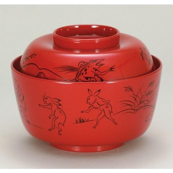 越前漆器 総朱 鳥獣戯画 お多福飯椀 φ12.1×9.4cm 約350ml (越前漆器 お 