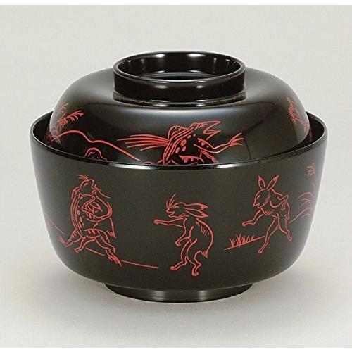 越前漆器 黒 鳥獣戯画 お多福飯椀 φ12.1×9.4cm 約350ml (越前漆器 お