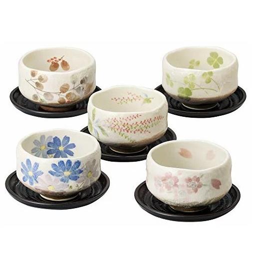 美濃焼/JAPAN 湯呑 茶托付き四季たっぷり碗揃 約260ml 5客セット : 虹