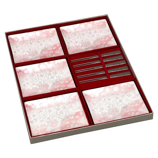 ★超希少伝統工芸品★ 七宝焼銘々皿 錦雲軒 稲葉 紅白梅柄角皿 3枚 七宝焼 中角 梅ざかり 銘々皿5PCセット ピックフォーク付 117-08 : 虹