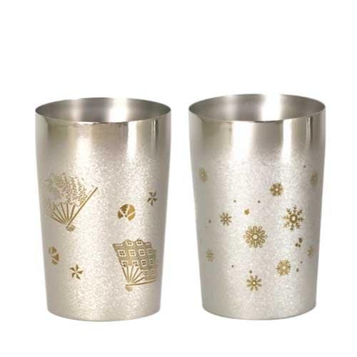 ホリエ　HORIE 純チタン二重タンブラー2個セット　プレミアム　雪270ml＆扇子270ml　純チタンコップ 泡立ちにこだわった純チタンカップを夏のビールのお供に