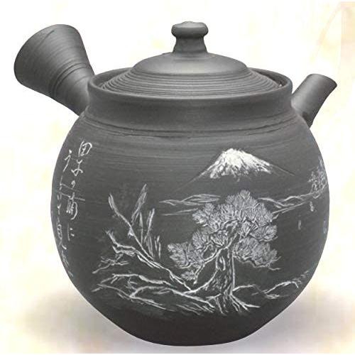 常滑焼 村越風月 陶茶こし急須 黒窯変富士に和歌彫 250ml 木箱入【受注 