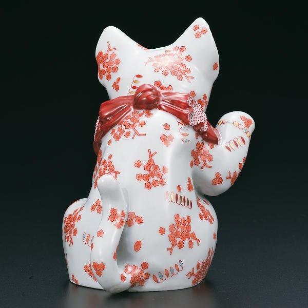 受注生産品】九谷焼縁起置物 4号招き猫 右手金運招き猫 赤絵細描小花