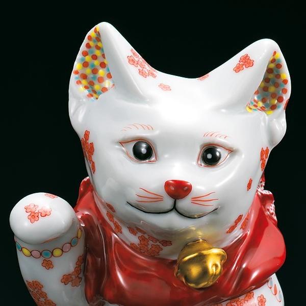 受注生産品】九谷焼縁起置物 4号招き猫 右手金運招き猫 赤絵細描小花