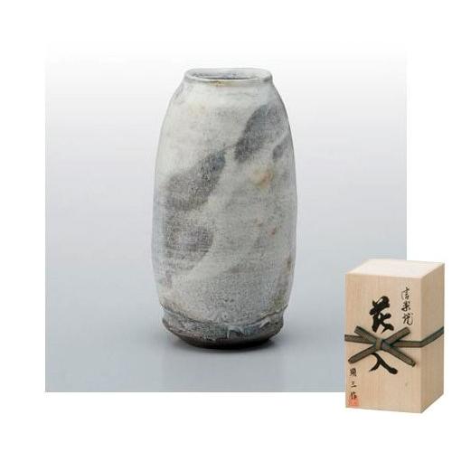 【顕三作】 灰釉窯変 （花器・花瓶）有名作家の木箱入り【信楽焼】