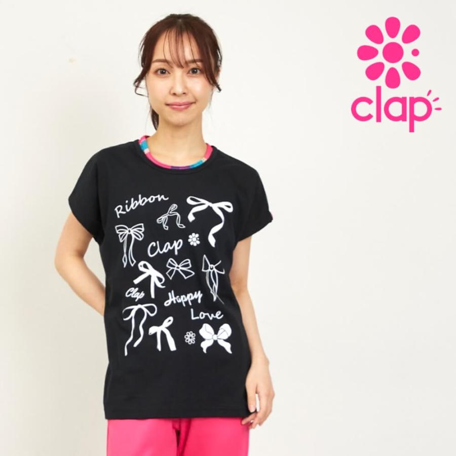 clapクラップ新作 フィットネス ウェア レディース トップス 半袖 RIBBON CLAP DOLMAN S M/フリーサイズ ドルマン 新作 2026 トレーニングウェア ダンス ジム | clap
