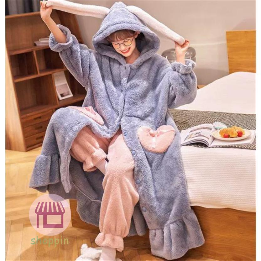 ネグリジェ レディース パジャマ ルームウェア 着ぐるみ フランネル ロング丈 フード付き うさぎ もこもこ 防寒 厚手 暖かい 大きくサイズ 可愛い Rfea2gww8g Studpac Ro