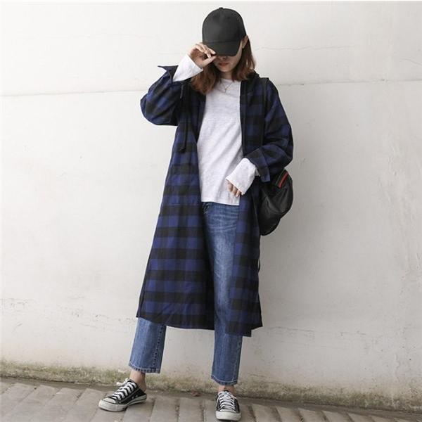 送料無料 ロングシャツ ロングパーカー フード付 チェック柄 ロングコート ロングカーディガン レディース スプリングコート アウター カジュアル 長袖 春秋 大きな割引