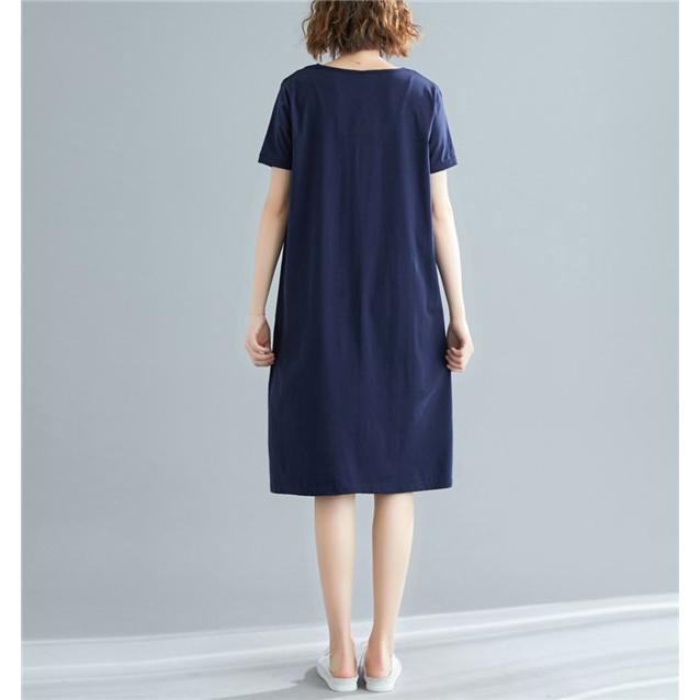 【45R】ネイビーチュニック丈　半袖カットソーワンピース 送料無料 Tシャツワンピース 春 夏 Tシャツ ワンピース Vネック