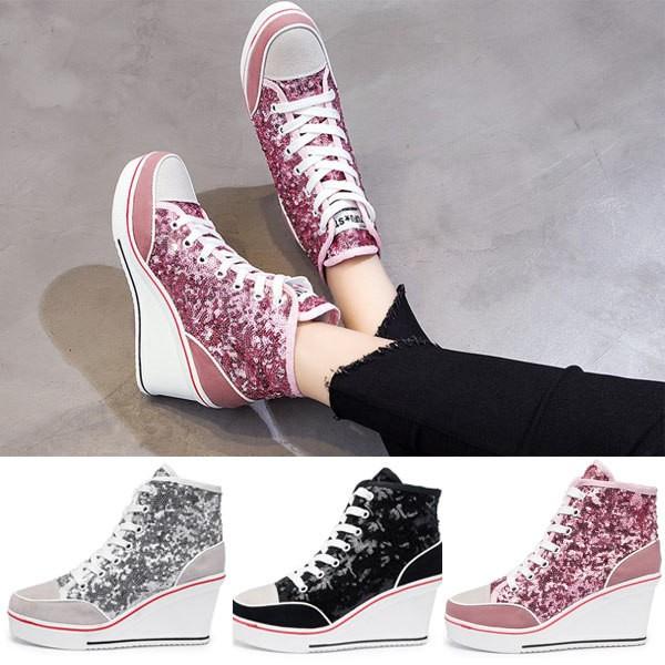 ヒールスニーカー レディース スニーカー ハイヒール ウェッジソール スパンコール カジュアルシューズ 厚底スニーカー ハイカット インヒール レースアップ Puchi19snk プチ シャレット 通販 Yahoo ショッピング