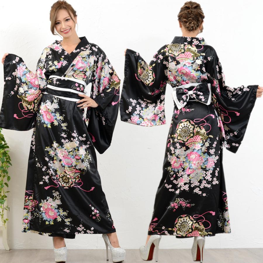 帯付き花魁シリーズ☆和柄サテン着物ロングドレス/和柄がとても綺麗で 
