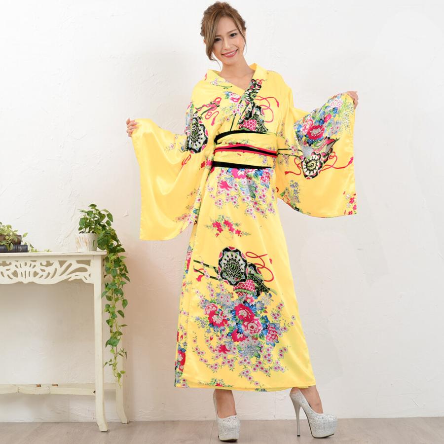 帯付き花魁シリーズ☆和柄サテン着物ロングドレス/和柄がとても 帯付き花魁シリーズ☆和柄サテン着物ロングドレス/和柄がとても