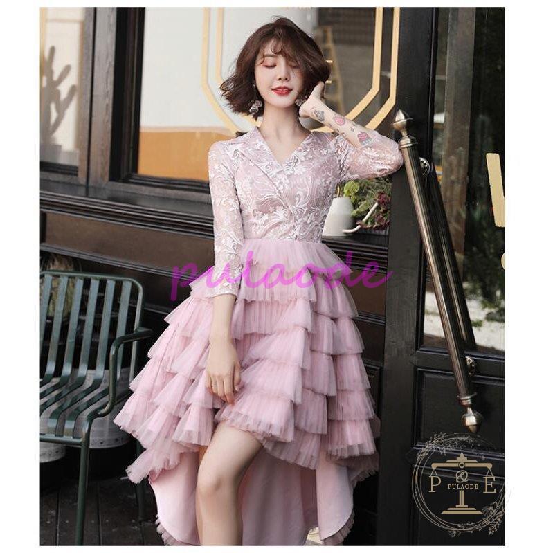 ウエディングドレス 袖あり パーディードレス レース 20代 30代40代 結婚式ドレス お呼ばれドレス ミディアム丈 二次会 披露宴 卒業式 成人式 ビアノ プレゼント