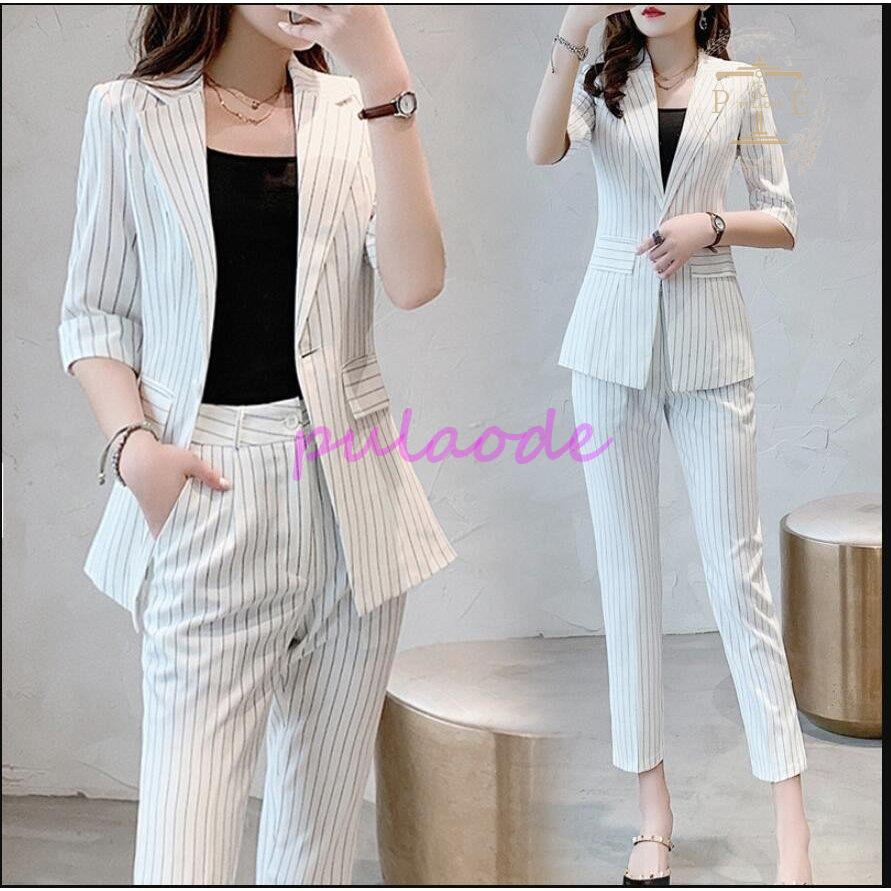 レディース2点セット ストライプ ビジネススーツ セットアップスーツ フォーマルスーツ 通勤 Ol オフィス パンツスーツ