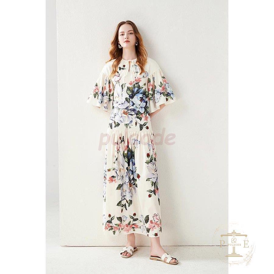 公式 激安通販 ワンピース ボタニカル柄 5分袖 袖フレア とろみ ギャザー ロング丈ワンピ ロマンティック 甘め 派手 可愛い きれいめ フェミニン 定番のブランド Www Superavila Com